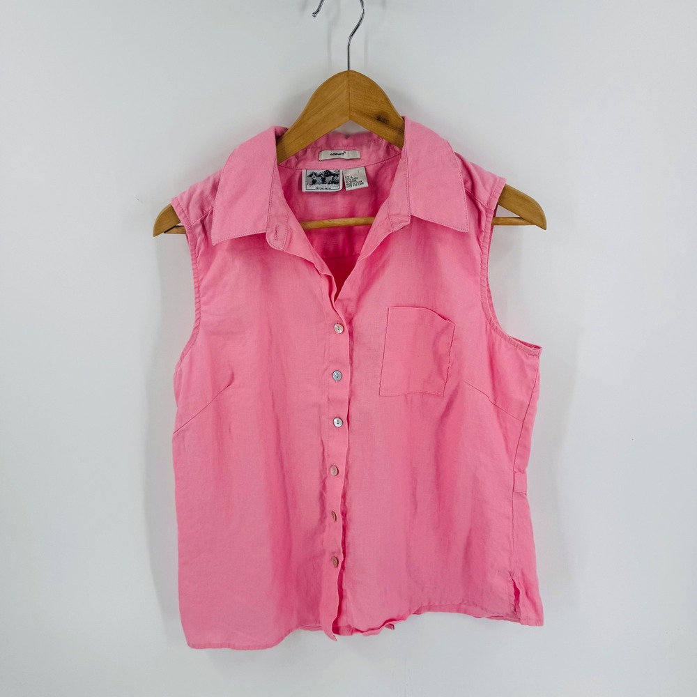 Vintage Edward Sleeveless Linen Blend Button Up Top Size L Coastal Summer Pastel